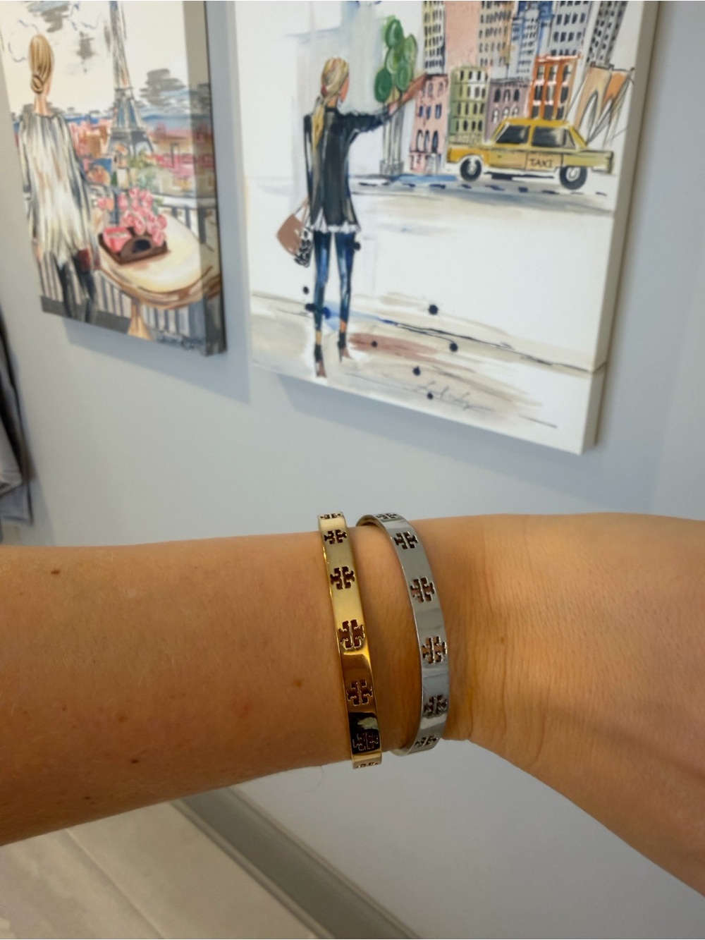 Tory Burch Pierced Logo T Cuff Bangle Bracelet Set - Gold & Silver